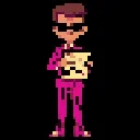 Pixel art of Robert Racek in sunglasses holding an arcade floor plan