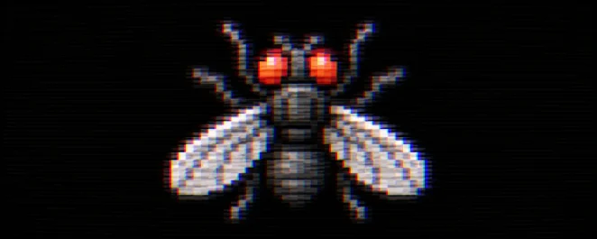 Pixel art fly with glowing red eyes
