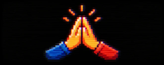 Pixel art praying hands with orange glow and blue-red sleeves on black background